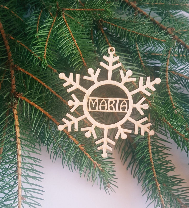 Christmas bauble, personalized name snowflake, wood Christmas tree ornament gift, laser cut winter rustic decoration, custom name tag image 9