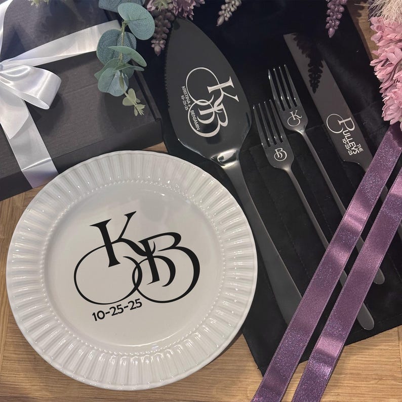 Personalized Wedding Cake Knife, Server & Forks Set: Custom Engraved Gold Cake Cutting Set, Engraved Wedding Gift for the Couple zdjęcie 8