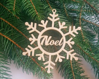 Personalized Wood Snowflake Christmas Ornament: Laser Cut Rustic Decoration