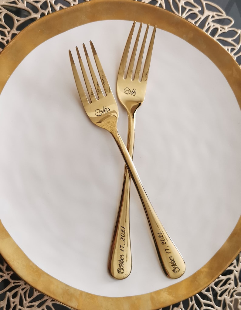 Gold Wedding Forks Mr Mrs Engraved Dining Set With Custom Etsy