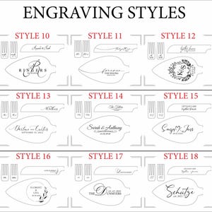 May include: A white graphic showing various engraving styles for cake servers and forks. The text "ENGRAVING STYLES" is at the top. Each style features different fonts and text, including names and dates. The image is a guide for personalized wedding or event cutlery.