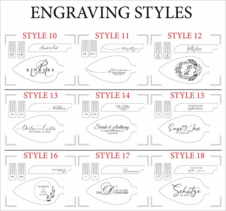 May include: A white graphic showing various engraving styles for cake servers and forks. The text "ENGRAVING STYLES" is at the top. Each style features different fonts and text, including names and dates. The image is a guide for personalized wedding or event cutlery.