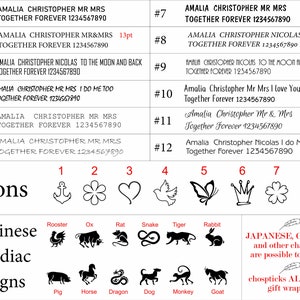 May include: A chart with 12 different engraving options for personalized chopsticks. Each option includes a number, a name, and a phrase. The chart also includes a section with icons for different symbols, a section with Chinese zodiac signs, and a section with Japanese, Chinese, and other characters.