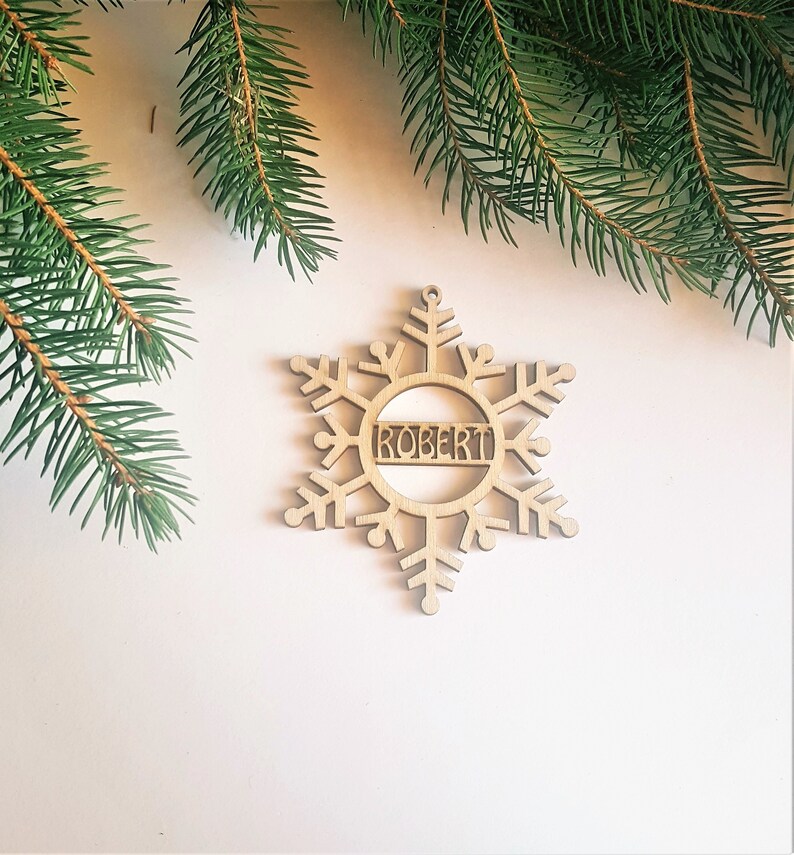 Christmas bauble, personalized name snowflake, wood Christmas tree ornament gift, laser cut winter rustic decoration, custom name tag image 6