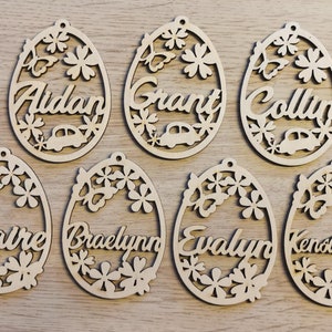 Personalized eggs, Easter basket tag, wooden Easter tree decorations, laser cut spring flower decor, Easter name ornament, customized gift