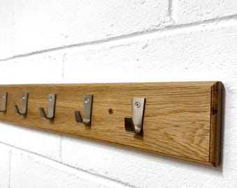 Solid Oak Coat Rack | 5 Stainless Steel Hooks | Handmade Hallway Storage