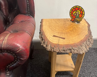 Live-Edge Oak Slab Side Table with oak Legs - Handcrafted Rustic Furniture