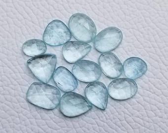 14 piezas de aguamarina de alta calidad con corte rosa, cabujón con parte trasera plana, aguamarina natural facetada, corte rosa semiprecioso.