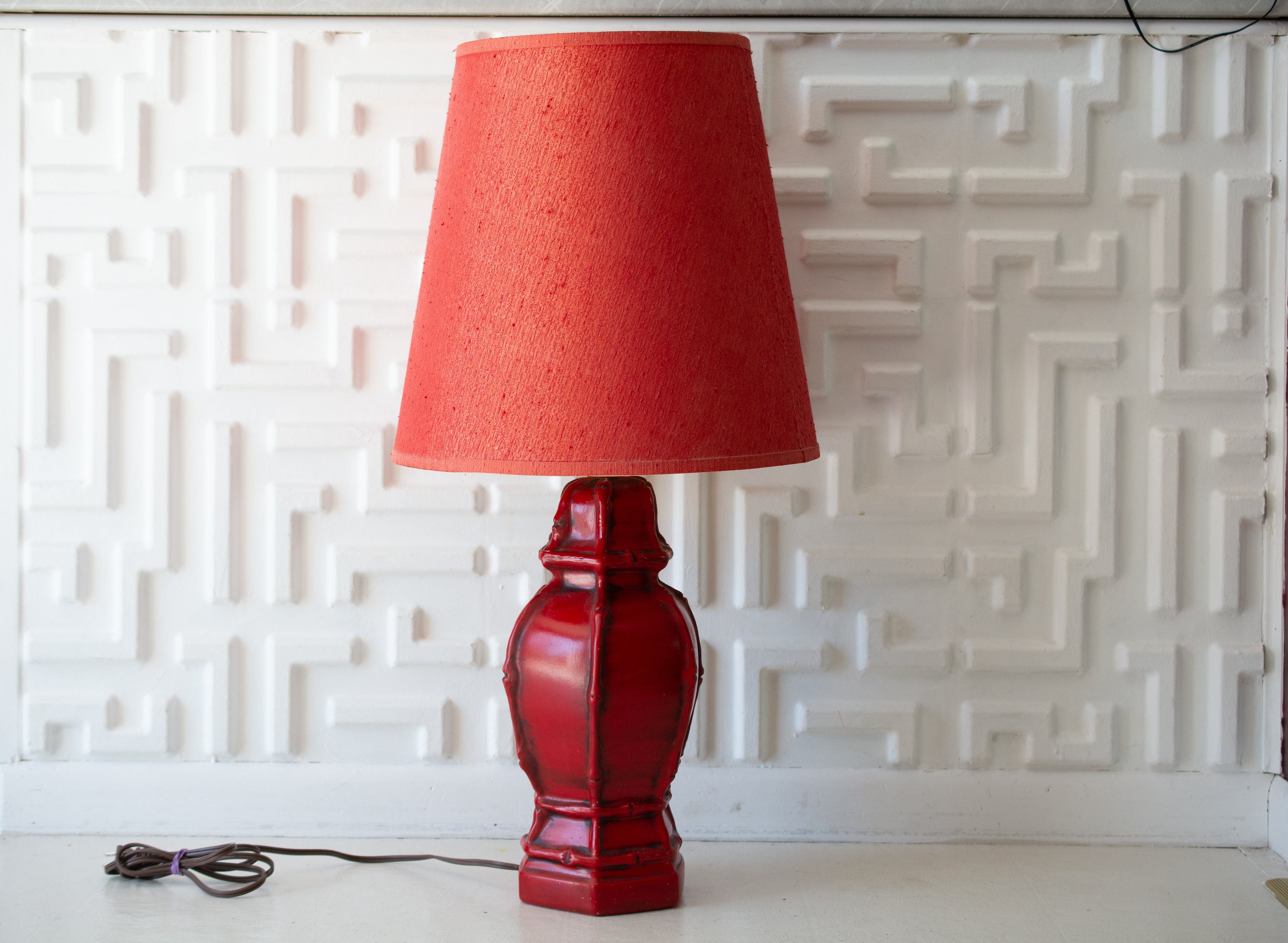 Midcentury Red Ginger Jar Bamboo Lamp With Shade Etsy