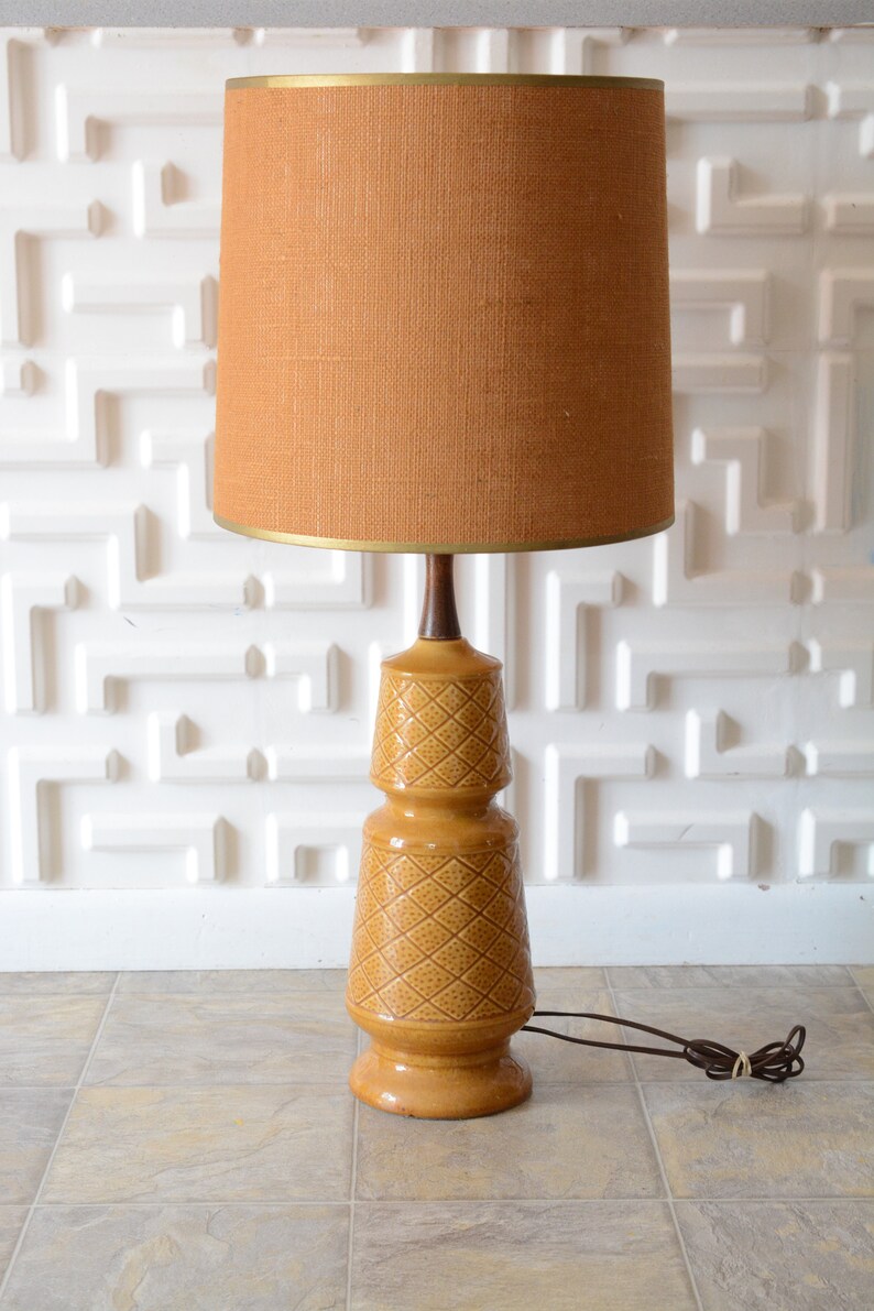 Midcentury Modern Lamp Ceramic Brown Mustard Mcm With Shade 1960s Burlap