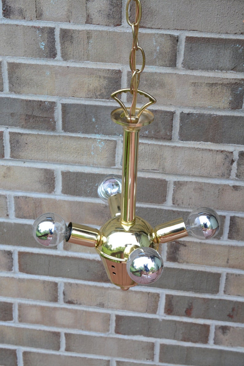 Brass Sputnik Pendant Light Vintage 1970s Midcentury Modern Polished Gold Four Arm Small