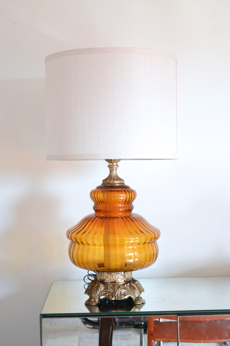 Amber Glass Lamp 1950s Large Drum Shade Yellow Gold Hollywood Regency Table