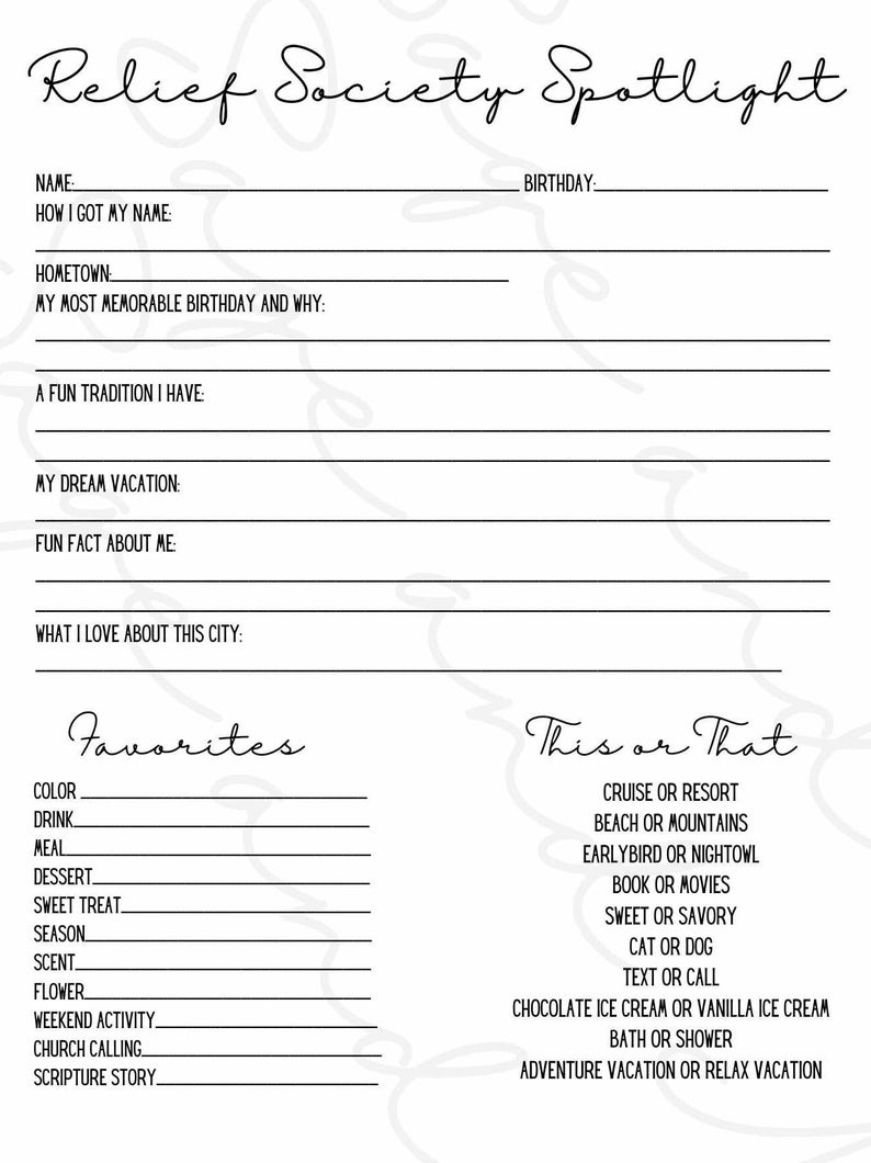 Relief Society Spotlight Questionnaire - Etsy