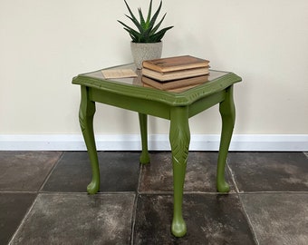 Vintage Hand Painted Upcycled Antique Style Green Side Table with Leather Top and Glass Inset on Carved Legs in Farrow and Ball Bancha