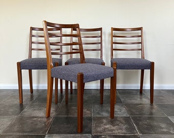 Set Of Four 4 Mid Century Danish Style Teak Dining Chairs With Ladder Back Reupholstered With Flint Grey Wool Scandi Design