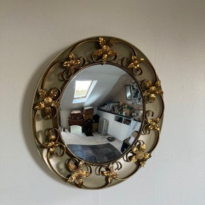 Retro 1950's Upcycled Circular Convex Wrought Brass Gold Wall Mirror