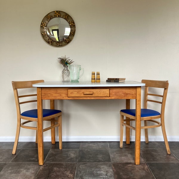 Lovely Mid Century 1950's Cross Hatch Formica Top and Beech Table by Guildform with Cutlery Drawer Refurbished