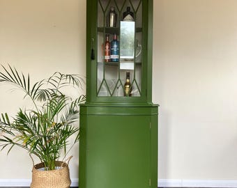 AVAILABLE FOR COMMISSION; Vintage Painted Glazed Corner Display Cabinet / Drinks Cabinet in Little Greene Jewel Beetle
