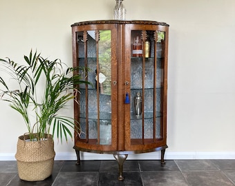 Beautiful CC41 1940's Oak Veneered Demi Lune Gin Cabinet / China Cabinet on Cabriole Legs by Rufus Furniture of London