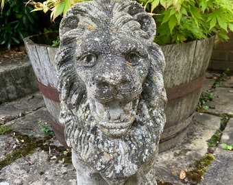 Vintage Weathered Reclaimed Cast Stone Garden Statue Lion Sitting on a Pedestal Gateway Gatepost Ornament
