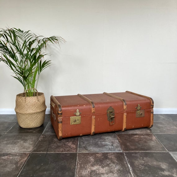 Antique Bentwood Steamer Trunk: British Travel Trunk Side Table