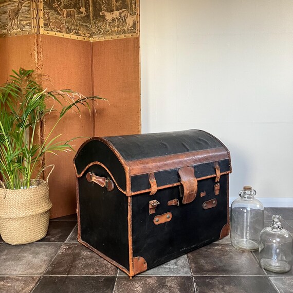 Antique Monogrammed Bentwood Steamer Trunk: British Travel Trunk Side Table
