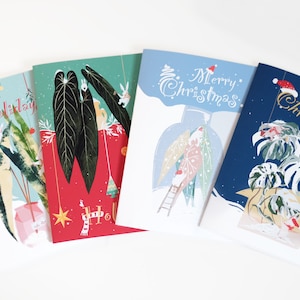 Cartes de vœux pour les amoureux des plantes | Philodendron, Anthurium, Begonia, Monstera Albo | Cadeau de Noël | Illustration | pinoartgallery