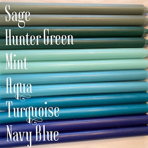 Blue Green Bulk Candles, Tall Dinner Taper Candles 12 inch or 7.5 inch dripless, self-trimming, cotton wick, smokeless and unscented