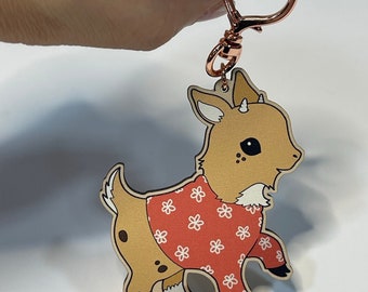 Wood Keychain - Tan Goat in Coral Sweater