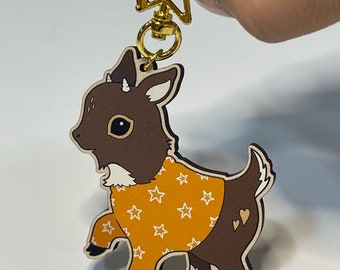 Wood Keychain - Brown Goat in Mustard Sweater