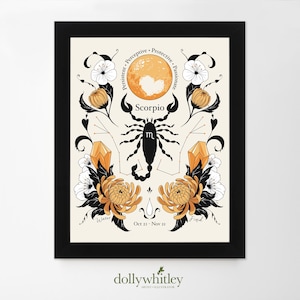 Op de afbeelding: Ingelijste kunstprint met een Schorpioen sterrenbeeld ontwerp. De illustratie bevat een schorpioen, bloemen, kristallen en de tekst "Scorpio" en "Oct 23 - Nov 21". Het kunstwerk gebruikt zwart, oranje en crèmekleur.