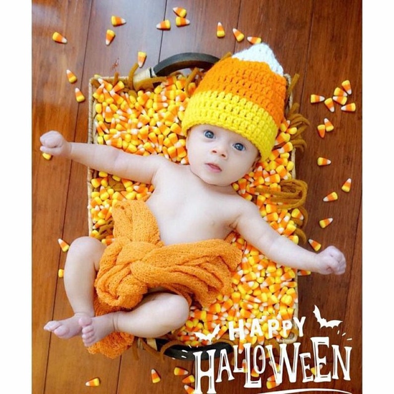 Baby Newborn Toddler Candy Corn Crochet Hat Halloween Fall Photo Prop Costume 0-3 3-6 6-12 Months