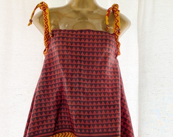 Zero Waste Pure Silk Top, Tie Shoulder  Hand Block Printed Tunic, Handloom Silk Top