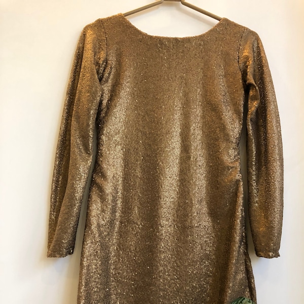 Antique Golden Sequinned Party Dress,Full Sleeves , Boat Neck,Stretchable Ladies Mini Dress With A Zip On Back