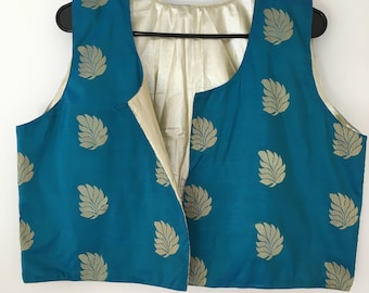 Royal Blue Handloom Silk Sleeveless Jacket, Medium Size Unisex Golden Leaves Vest  With Golden Shimmer And Hidden Pockets