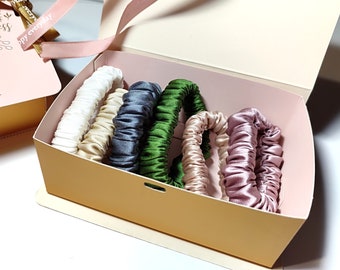 A box of 6 thin natural silk hair bands of different colors. Scrunchies for womens and girls, gift box for her Hair ties, ponytail holders