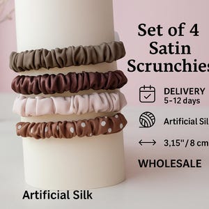 Set of 4 thin Satin Scrunchies – Handmade Silk Hair Ties – Soft Elastic Hair Bands – Bulk Scrunchies for Women – Neutral Hair Accessories
