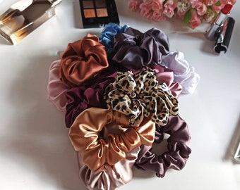 Set of 12 silk-satin hair scrunchies, Large scrunchies for bulk hair, Woman hair scrunchies, Hair ties, Ponytail holder, silk satin headband