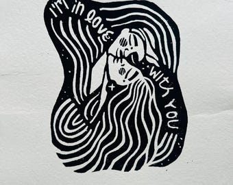 Impresión artística de amor en linóleo, obra de pareja impresa a mano (8x10)