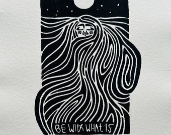 Impresión artística en linóleo hecha a mano: Regalo espiritual "Sé presente", 8x10