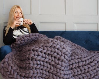 100% Merino Wool Blanket - Arm Knit Blanket, Chunky Knit Throw, Chunky Knit Blanket