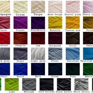 May include: A chart of 36 different colors of yarn, each color is labeled with a name. The yarn is thick and chunky, and the colors range from light to dark.