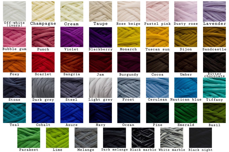 May include: A chart of 36 different colors of yarn, each color is labeled with a name. The yarn is thick and chunky, and the colors range from light to dark.