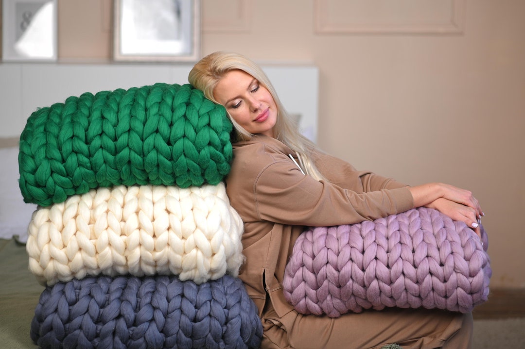 1DAY SALE Gray Chunky Knit Blanket 50x60, Chunky Knit Throw, Arm Knit