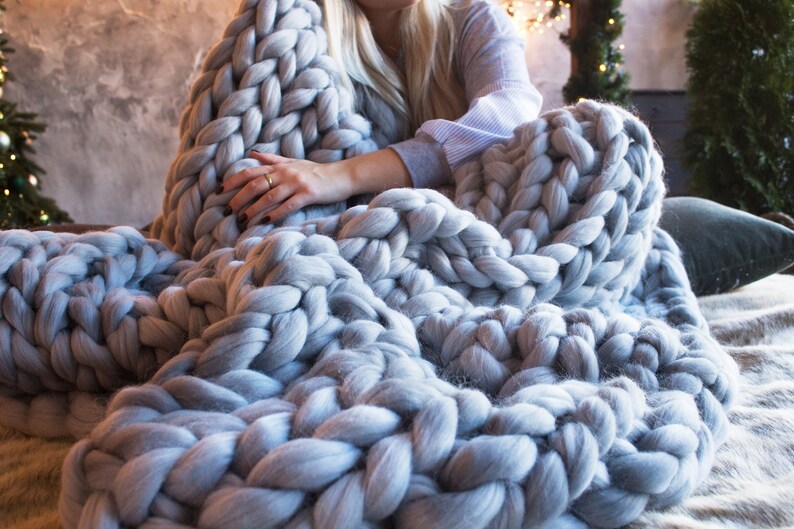 Gray Chunky Knit Blanket Chunky Wool Blanket Large Knit Etsy