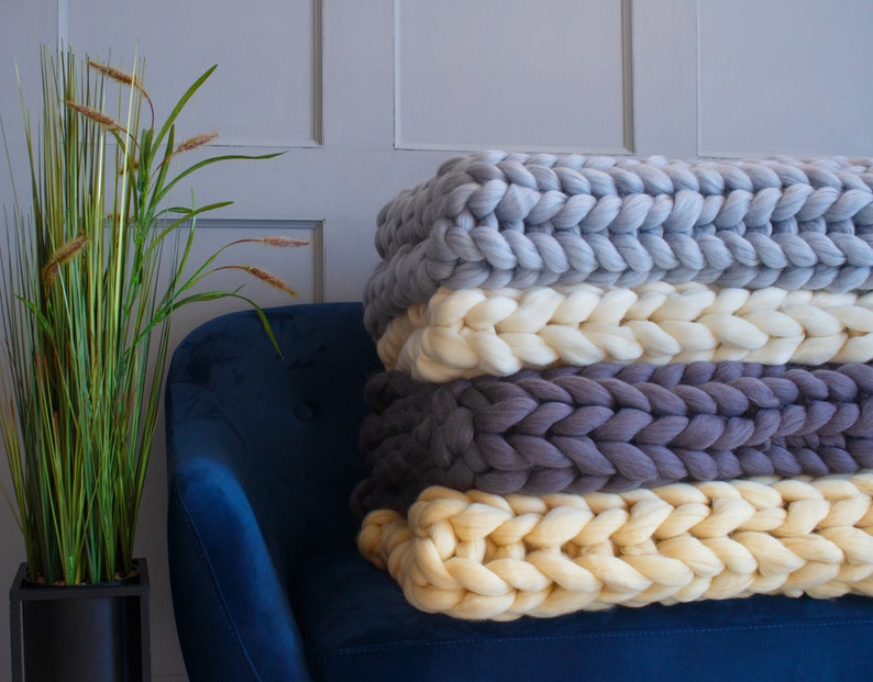 Gray Chunky Knit Blanket Chunky Wool Blanket Large Knit Etsy