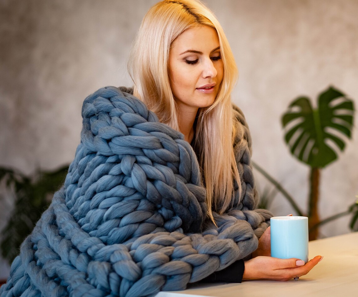 Black chunky knit blanket arm knit blanket huge knit Etsy