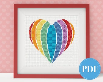 Rainbow heart cross stitch pattern | heart cross stitch pattern - instant download PDF