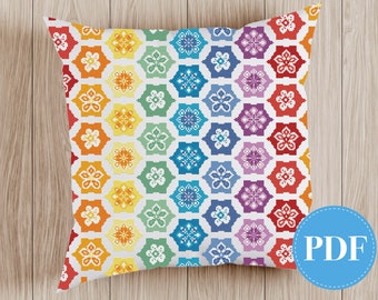 Rainbow flower cross stitch pattern, cushion cross stitch pattern - instant download PDF