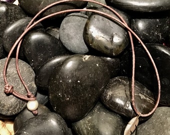 Silver Leaf Choker w Pearl closure on leather cord